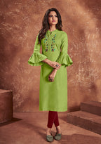 Monjolika Fashion Cotton Embroidered Green Party Wear Kurti | Grocsy