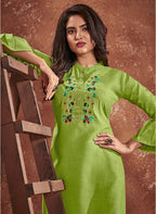 Monjolika Fashion Cotton Embroidered Green Party Wear Kurti | Grocsy