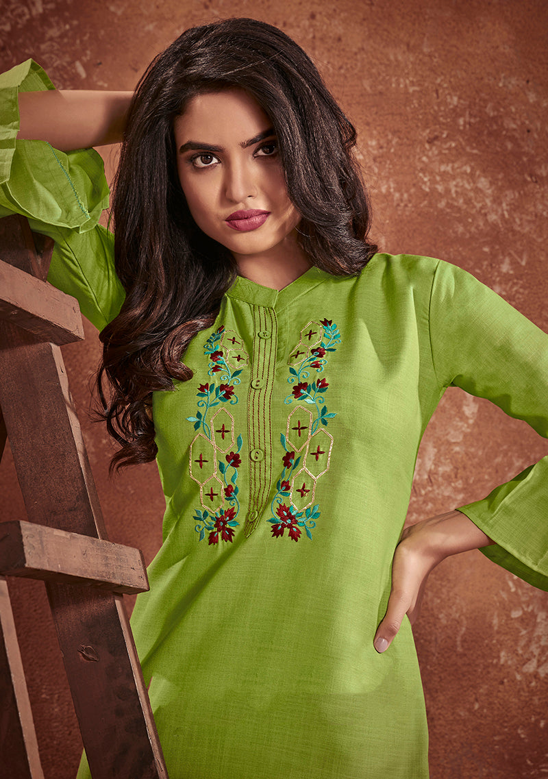 Monjolika Fashion Cotton Embroidered Green Party Wear Kurti | Grocsy