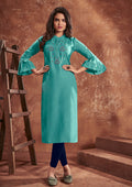 Monjolika Fashion Cotton Embroidered Aqua Blue Party Wear Kurti | Grocsy