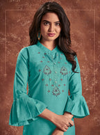 Monjolika Fashion Cotton Embroidered Aqua Blue Party Wear Kurti | Grocsy