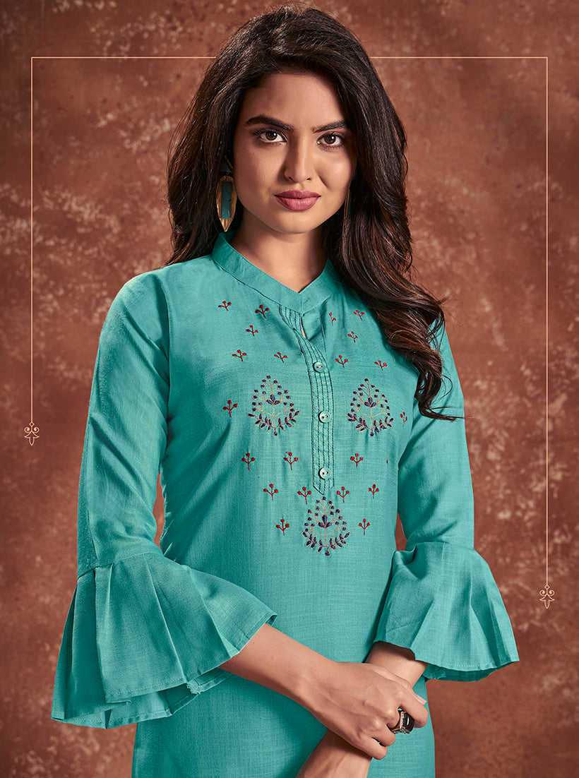 Monjolika Fashion Cotton Embroidered Aqua Blue Party Wear Kurti | Grocsy