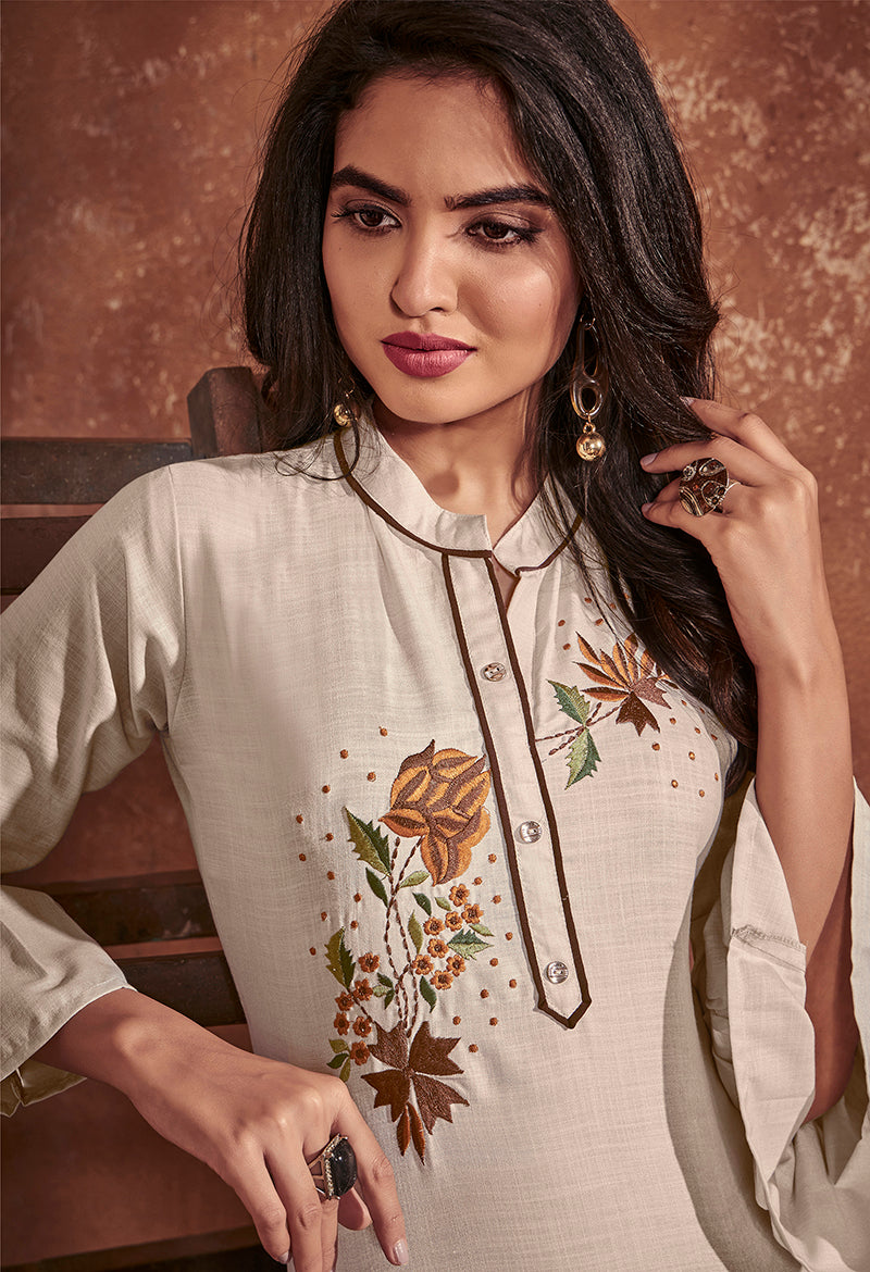 Monjolika Fashion Cotton Embroidered Off White Party Wear Kurti | Grocsy