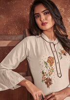 Monjolika Fashion Cotton Embroidered Off White Party Wear Kurti | Grocsy