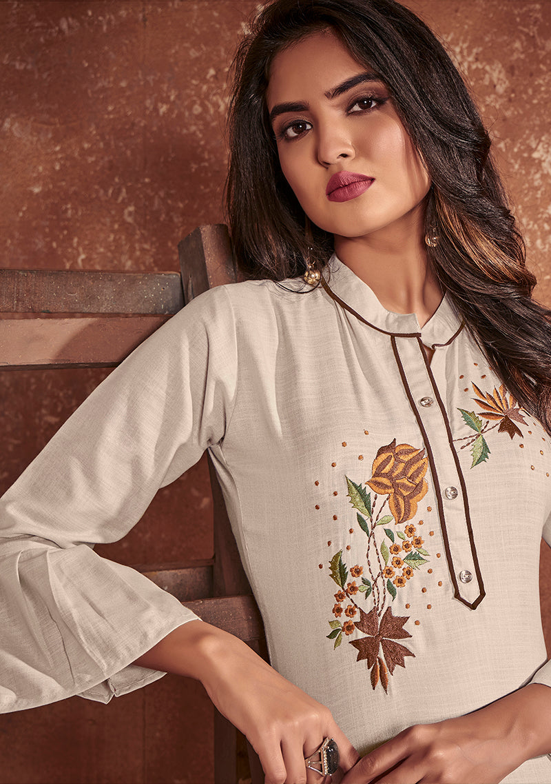 Monjolika Fashion Cotton Embroidered Off White Party Wear Kurti | Grocsy
