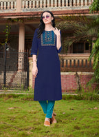 Monjolika Fashion Navy Blue Cotton Embroidered Party Wear Kurti | Grocsy