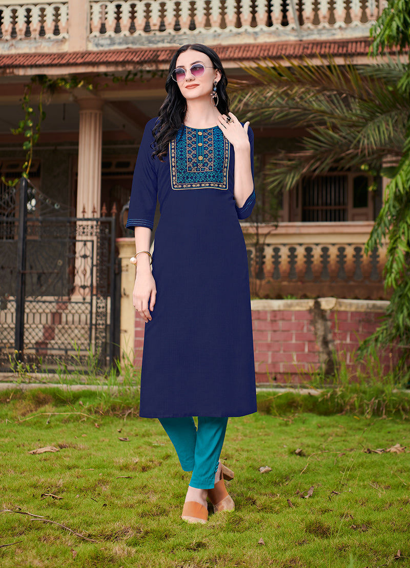 Monjolika Fashion Navy Blue Cotton Embroidered Party Wear Kurti | Grocsy