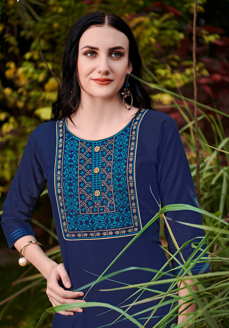 Monjolika Fashion Navy Blue Cotton Embroidered Party Wear Kurti | Grocsy