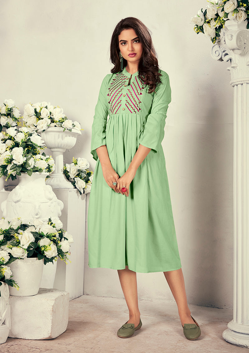 Monjolika Fashion Fancy Festive Wear Pista Green Color Rayon Fabric Thread Embroidered Kurti | Grocsy