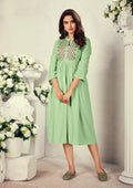 Monjolika Fashion Fancy Festive Wear Pista Green Color Rayon Fabric Thread Embroidered Kurti | Grocsy