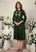 Monjolika Fashion Fancy Festive Wear Bottle Green Color Rayon Fabric Thread Embroidered Kurti | Grocsy