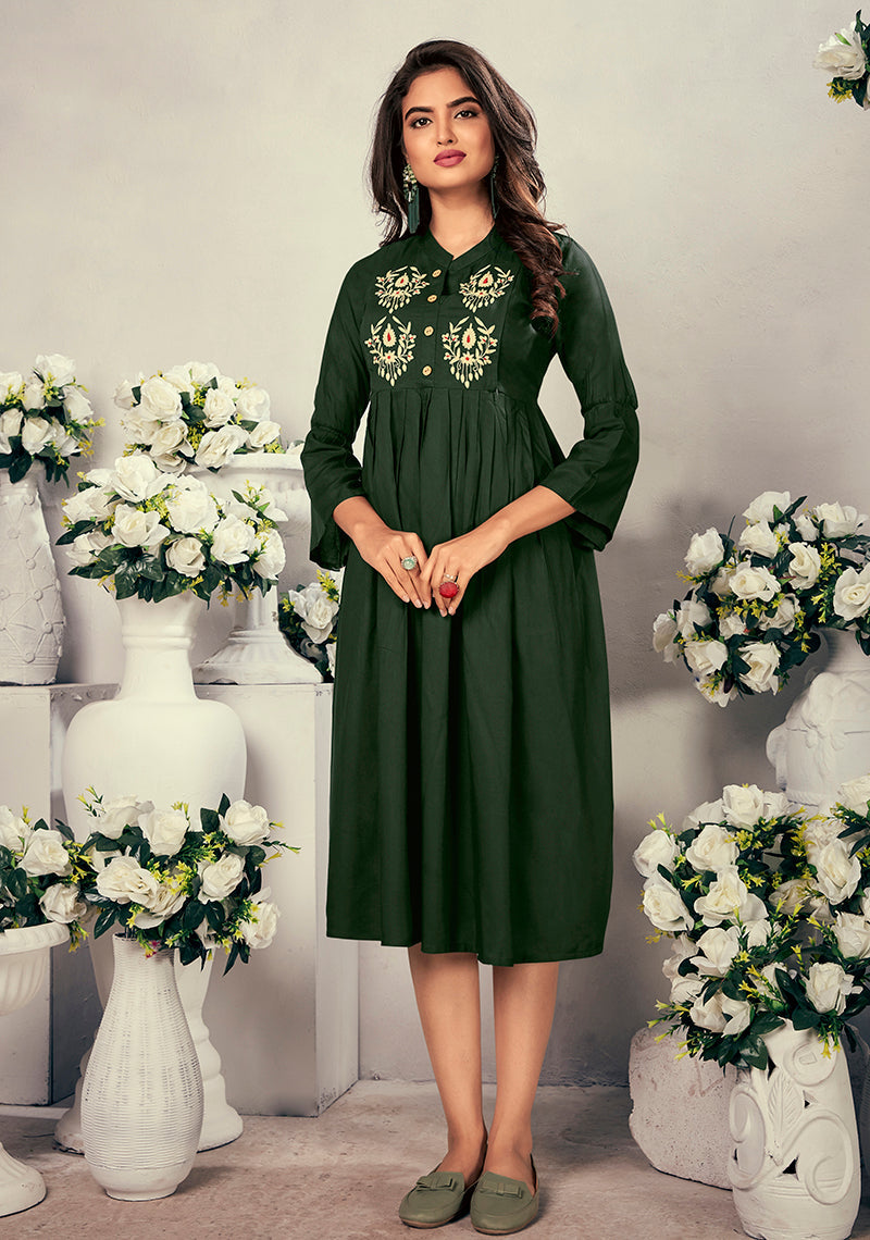 Monjolika Fashion Fancy Festive Wear Bottle Green Color Rayon Fabric Thread Embroidered Kurti | Grocsy