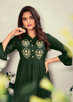 Monjolika Fashion Fancy Festive Wear Bottle Green Color Rayon Fabric Thread Embroidered Kurti | Grocsy