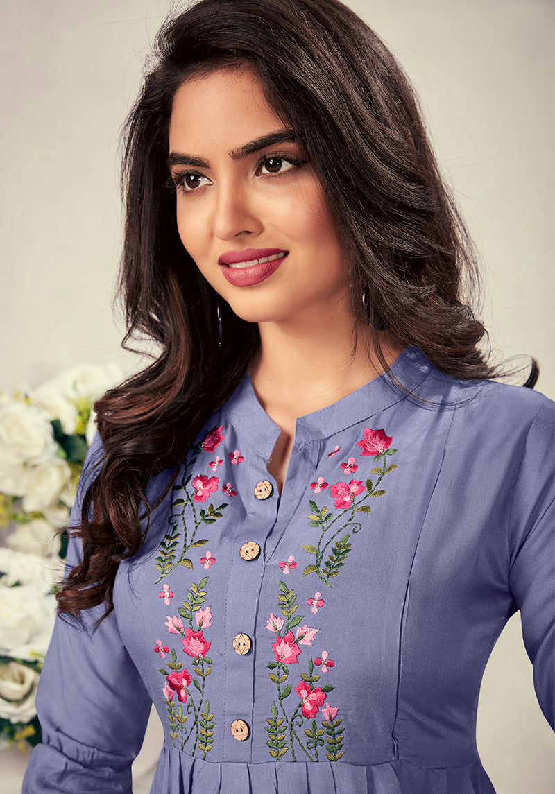 Monjolika Fashion Fancy Festive Wear Lavender Color Rayon Fabric Thread Embroidered Kurti | Grocsy