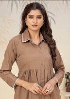 Monjolika Fashion Brown Cotton Solid Festival Casual Kurti | Grocsy