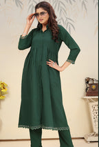 Monjolika Fashion Bottle Green Cotton Solid Festival Casual Kurti | Grocsy