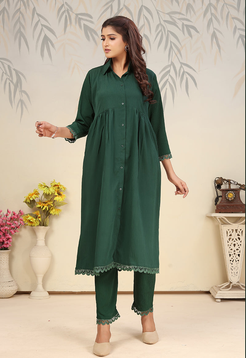 Monjolika Fashion Bottle Green Cotton Solid Festival Casual Kurti | Grocsy