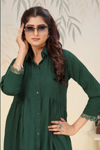 Monjolika Fashion Bottle Green Cotton Solid Festival Casual Kurti | Grocsy