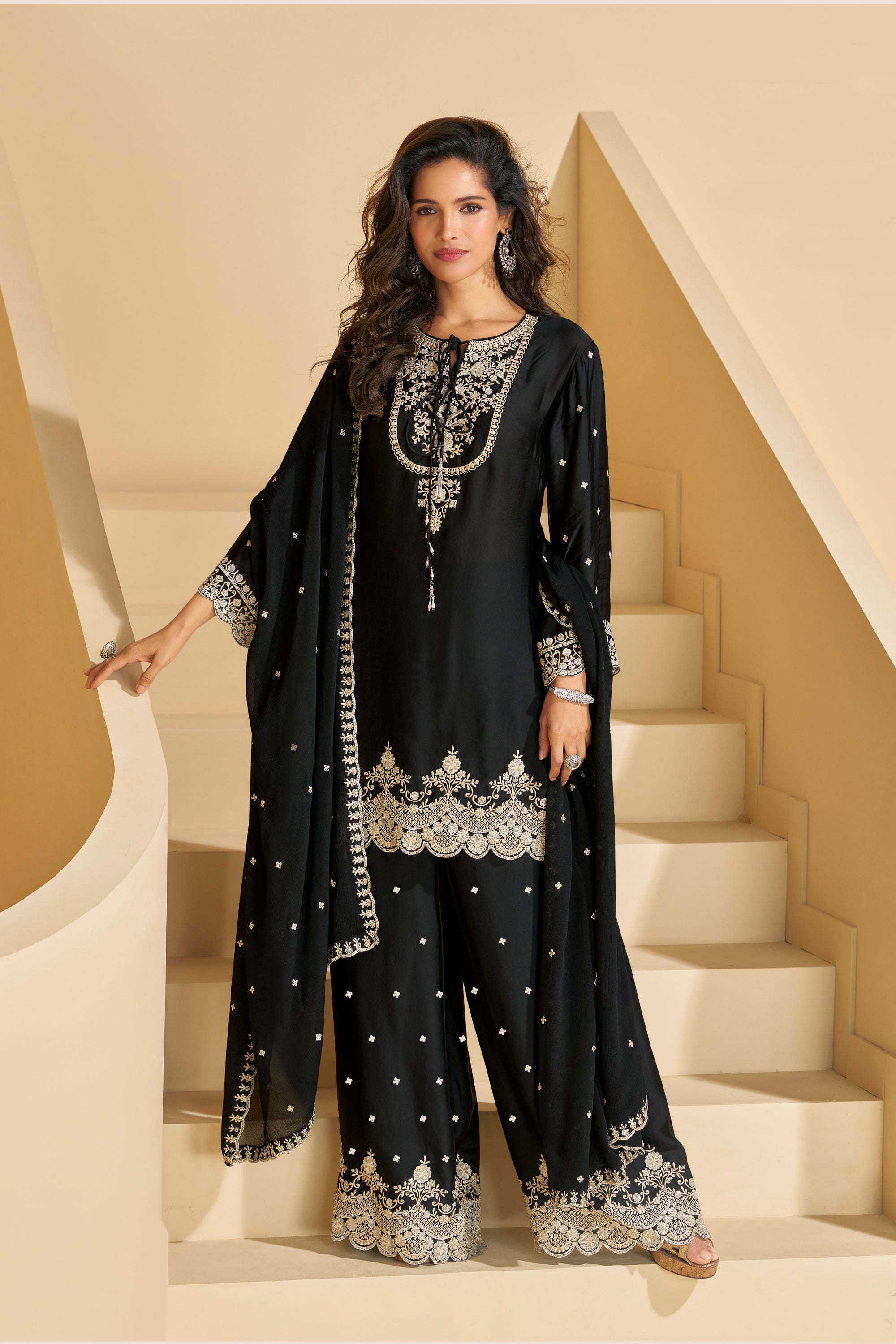 Evanik Black Chiffon with Embroidery Sequence, Thread Work Palazzo Set | Grocsy