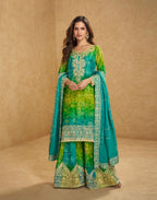 Anaita Blue Chinon Stitched Suit With Embroidery Work | Grocsy