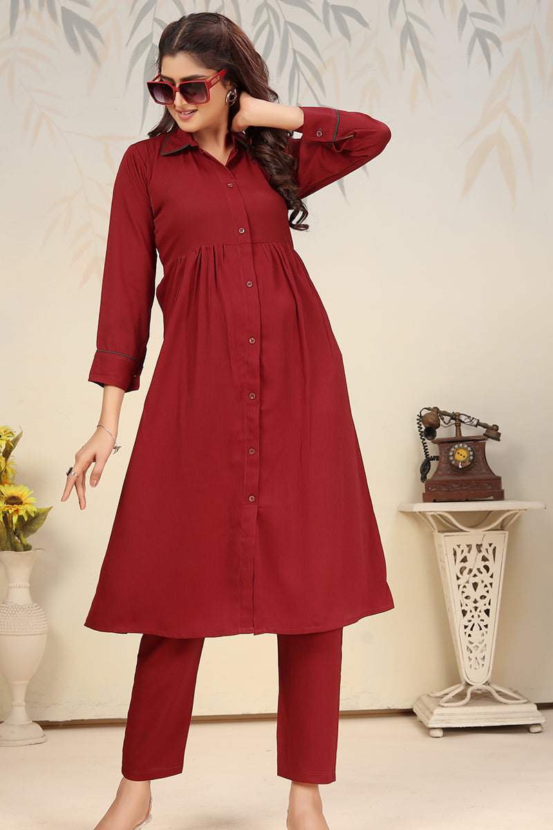 Monjolika Fashion Maroon Cotton Solid Festival Casual Kurti | Grocsy