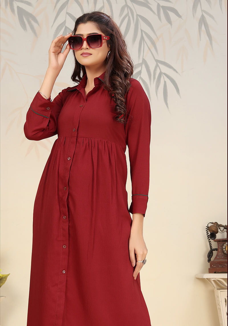 Monjolika Fashion Maroon Cotton Solid Festival Casual Kurti | Grocsy