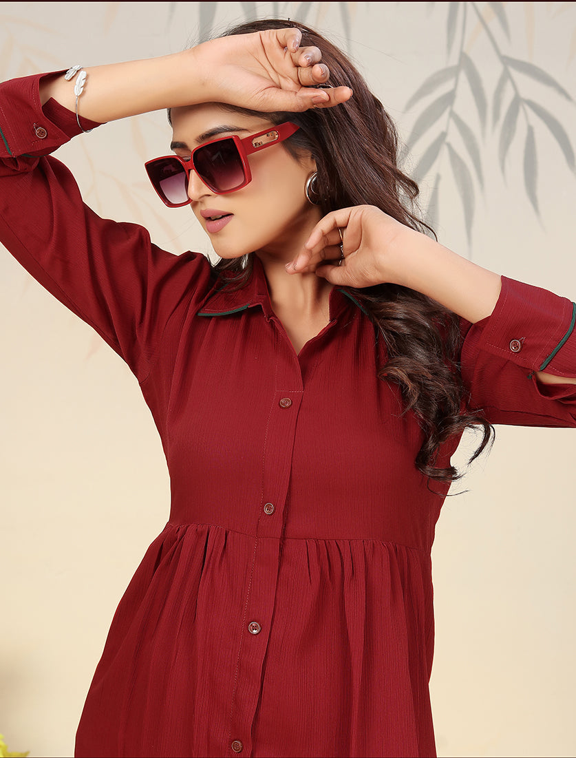 Monjolika Fashion Maroon Cotton Solid Festival Casual Kurti | Grocsy