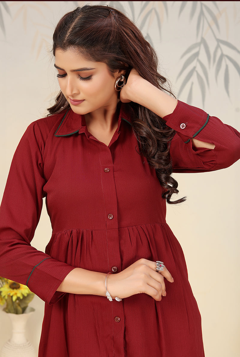 Monjolika Fashion Maroon Cotton Solid Festival Casual Kurti | Grocsy