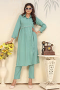 Monjolika Fashion Light Cyan Cotton Solid Festival Casual Kurti | Grocsy