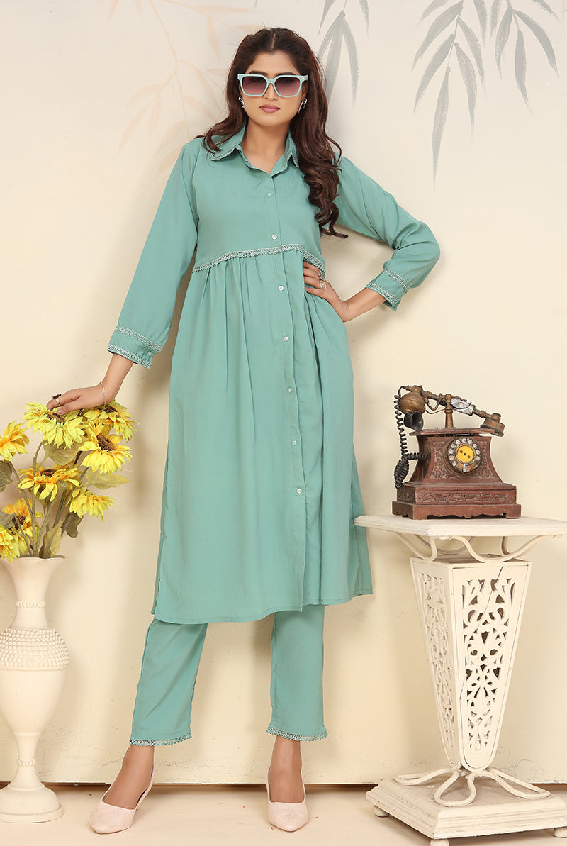 Monjolika Fashion Light Cyan Cotton Solid Festival Casual Kurti | Grocsy