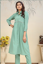 Monjolika Fashion Light Cyan Cotton Solid Festival Casual Kurti | Grocsy