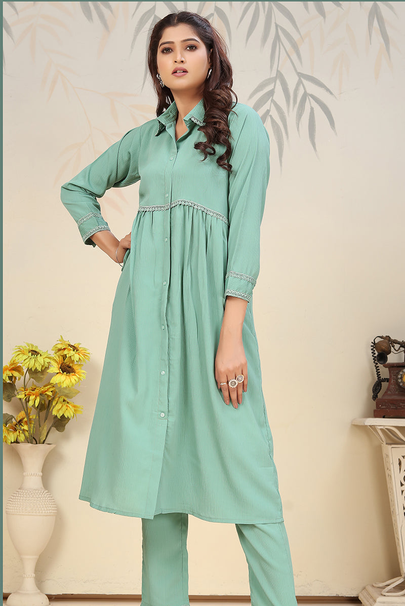 Monjolika Fashion Light Cyan Cotton Solid Festival Casual Kurti | Grocsy