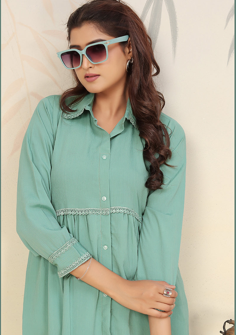 Monjolika Fashion Light Cyan Cotton Solid Festival Casual Kurti | Grocsy