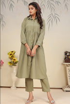 Monjolika Fashion Pista Green Cotton Solid Festival Casual Kurti | Grocsy