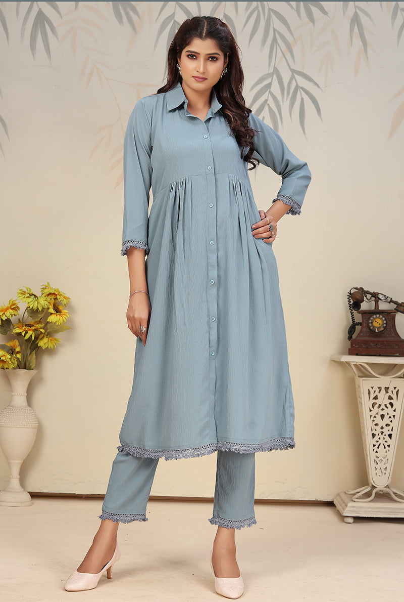 Monjolika Fashion Sky Blue Cotton Solid Festival Casual Kurti | Grocsy