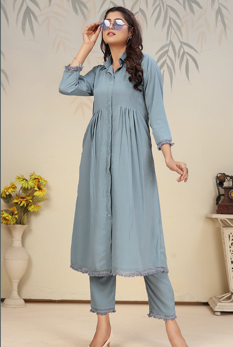 Monjolika Fashion Sky Blue Cotton Solid Festival Casual Kurti | Grocsy