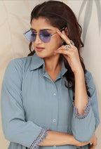 Monjolika Fashion Sky Blue Cotton Solid Festival Casual Kurti | Grocsy