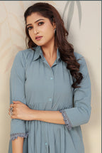 Monjolika Fashion Sky Blue Cotton Solid Festival Casual Kurti | Grocsy
