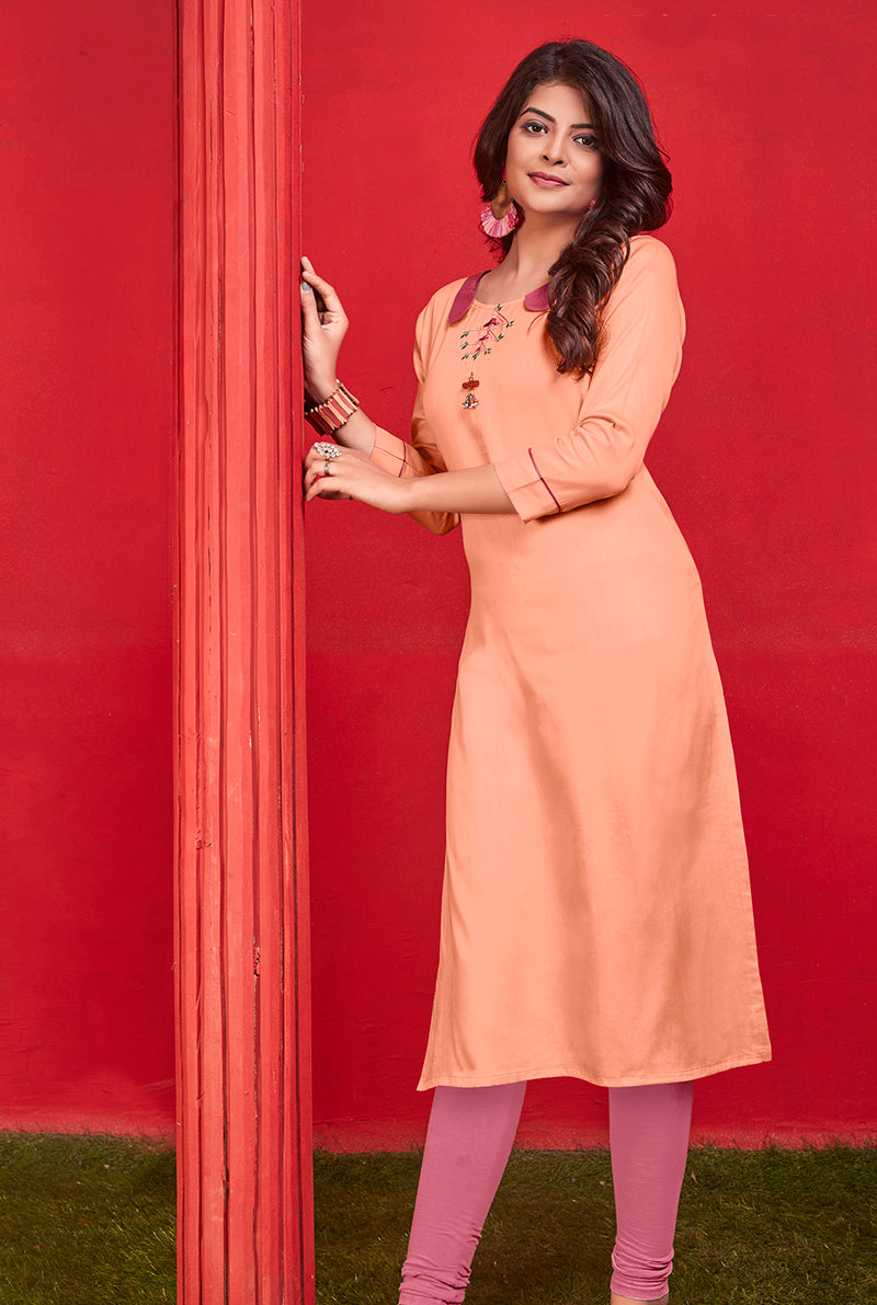Monjolika Fashion Cotton Party Wear Kurti In Peach | Grocsy
