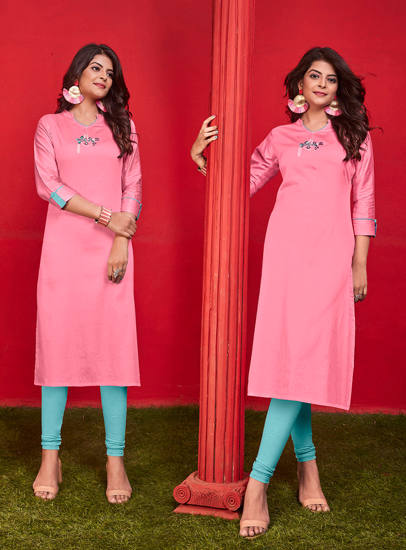 Monjolika Fashion Cotton Party Wear Kurti In Pink | Grocsy
