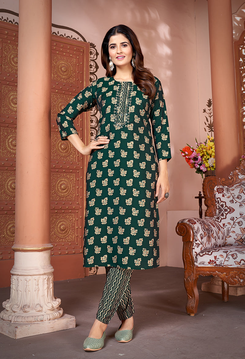 Monjolika Fashion Silk Embroidered Dark Green Designer Kurti | Grocsy