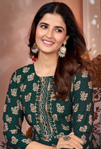 Monjolika Fashion Silk Embroidered Dark Green Designer Kurti | Grocsy