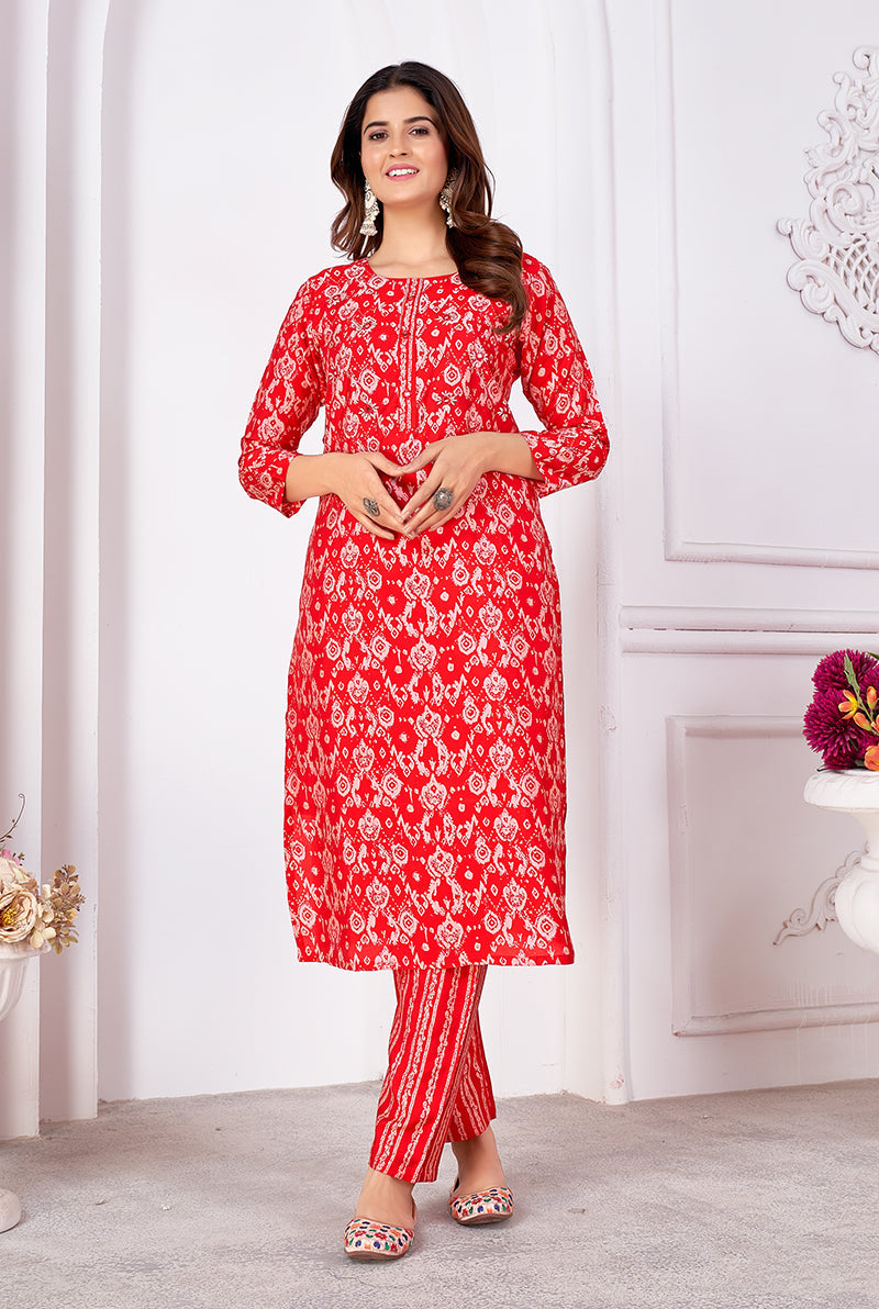 Monjolika Fashion Silk Print Casual Kurti In Red | Grocsy