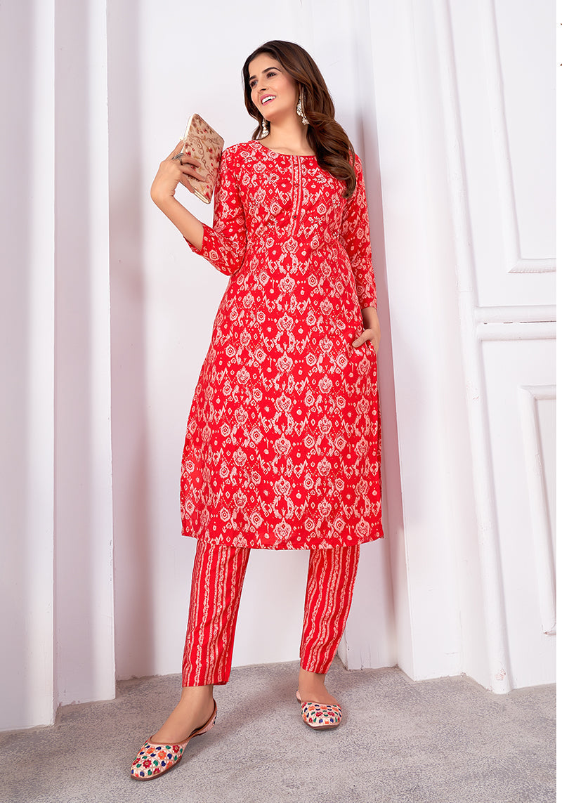 Monjolika Fashion Silk Print Casual Kurti In Red | Grocsy