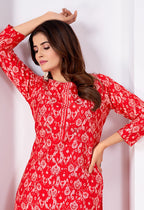 Monjolika Fashion Silk Print Casual Kurti In Red | Grocsy