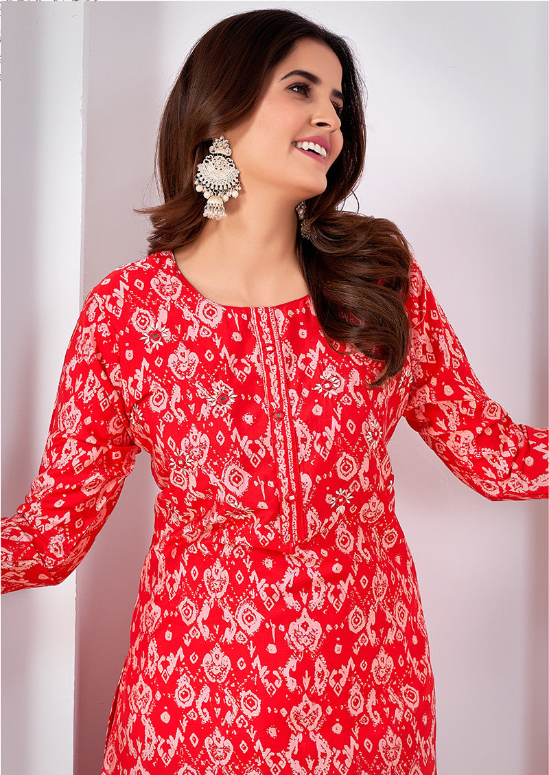 Monjolika Fashion Silk Print Casual Kurti In Red | Grocsy