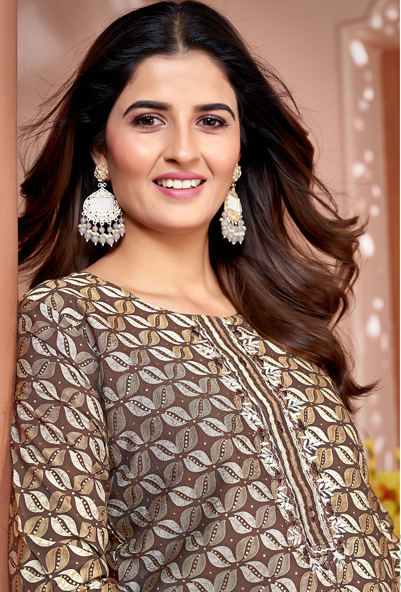 Monjolika Fashion Silk Embroidered Brown Designer Kurti | Grocsy