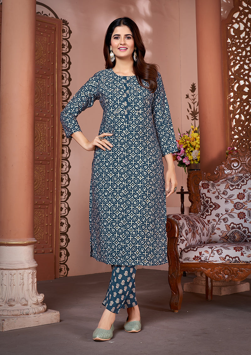 Monjolika Fashion Silk Embroidered Teal Designer Kurti | Grocsy