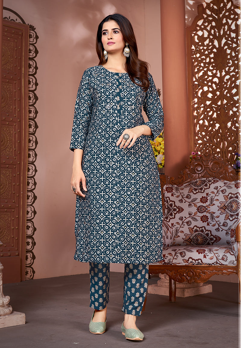 Monjolika Fashion Silk Embroidered Teal Designer Kurti | Grocsy