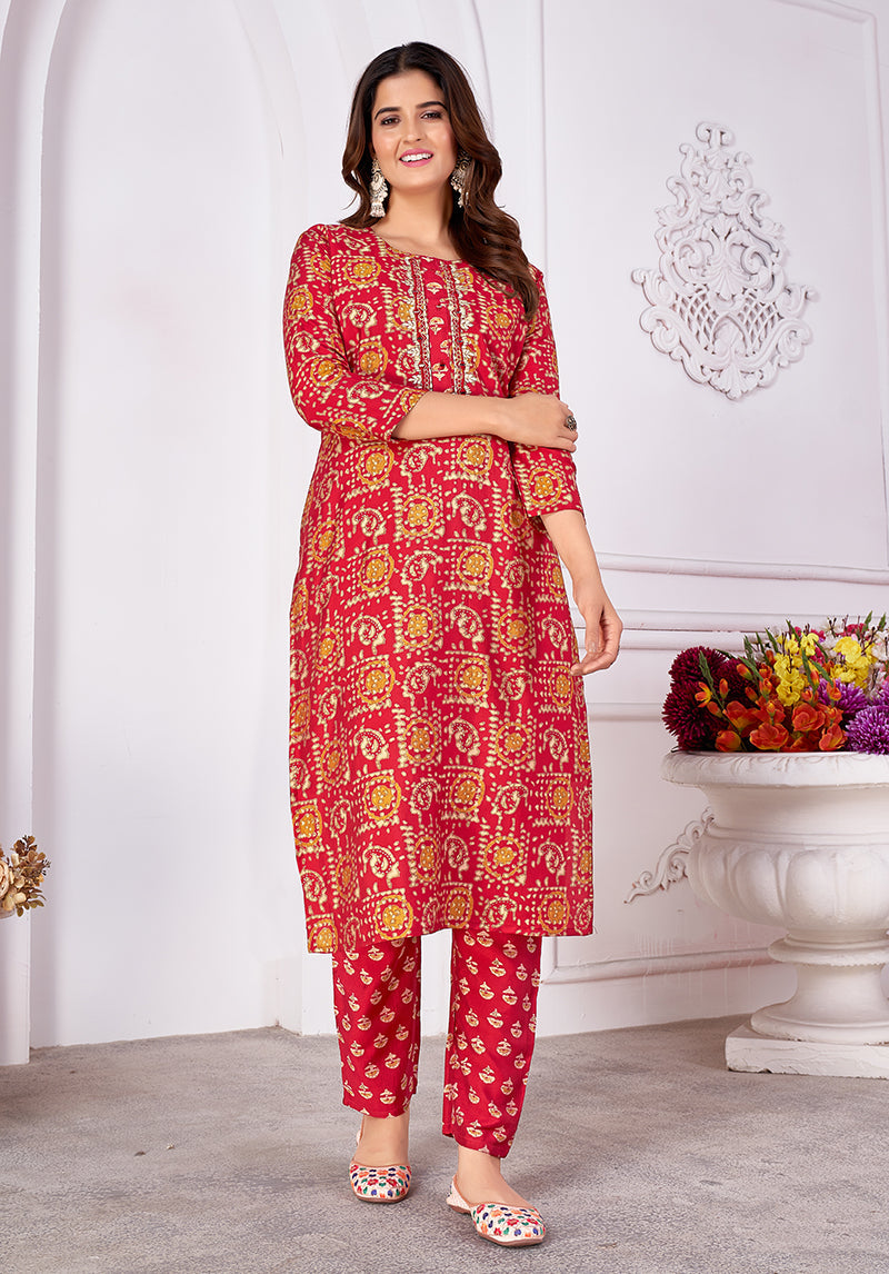 Monjolika Fashion Silk Embroidered Red Designer Kurti | Grocsy